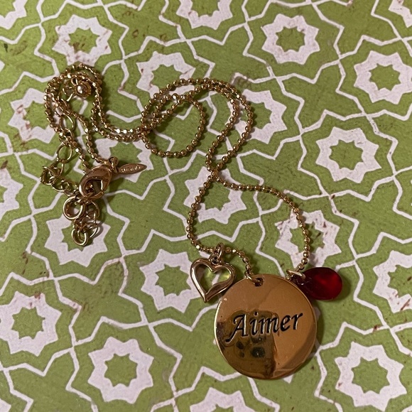 AVON “Love” Necklace – Gold Tone Pendant with Heart & Garnet Color Gem Drop - Picture 5 of 7